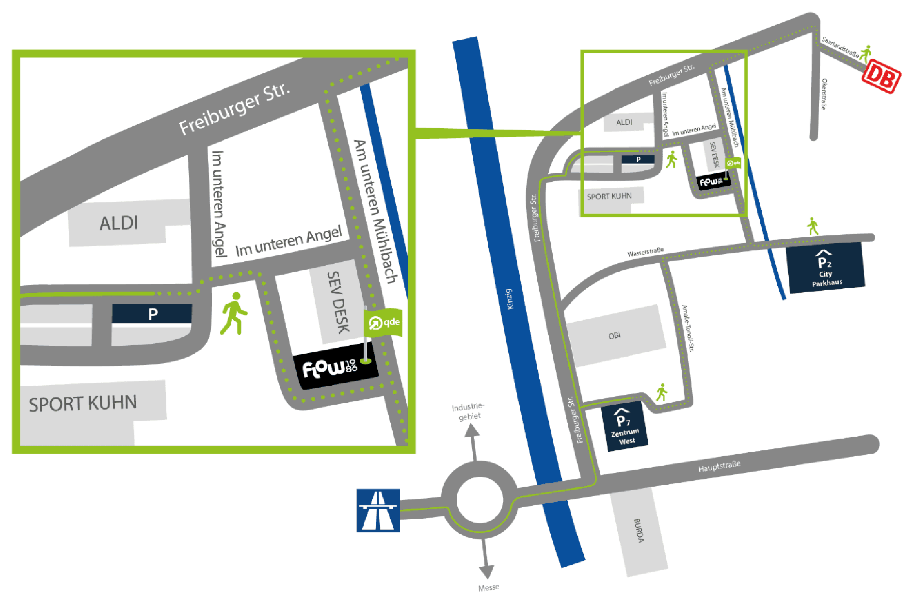 Wegskizze zum Technologiezentrum flow 1986 in Offenburg: A5-Ausfahrt Offenburg, Freiburger Straße, reservierte Parkplätze bei SPORT KUHN und der Fussweg zum Gebäude; dazu die Parkhäuser P2 und P7 und der Bahnhof.