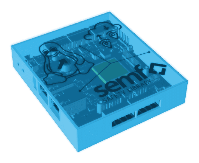 Gerät mit durchscheinendem Gehäuse, auf der Platine die Zeichen für Linux, qdCloud und die semf Safety Library